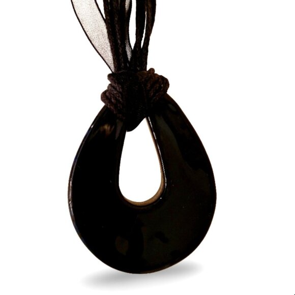 Molten Bronze Swirl Artisan Glass Teardrop Choker on Black Ribbon Necklace - Picture 3 of 6